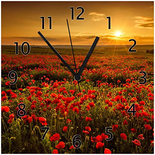 Wallario Design-Wanduhr Mohnblumenwiese bei Sonnenuntergang am Abend aus Glas, Motiv-Uhr Größe 30 x 30 cm, Schwarze Zeiger von Wallario