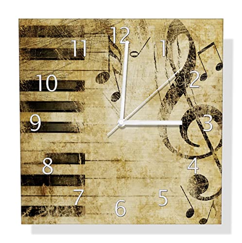 Wallario Design Wanduhr Musik als Leidenschaft Notenschlüssel in braun aus Aluverbund, Alu-Uhr Größe 30 x 30 cm, weiße Zeiger mit Metalloptik von Wallario