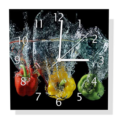 Wallario Design Wanduhr Paprika-Mix - frische Paprika in rot, gelb und grün im Wasser aus Aluverbund, Alu-Uhr Größe 30 x 30 cm, weiße Zeiger mit Metalloptik von Wallario