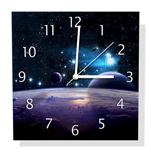 Wallario Design Wanduhr Planeten im Weltall aus Aluverbund, Alu-Uhr Größe 30 x 30 cm, weiße Zeiger mit Metalloptik von Wallario