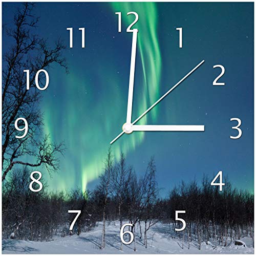 Wallario Design-Wanduhr Polarlicht in Schweden aus Glas, Motiv-Uhr Größe 30 x 30 cm, weiße Zeiger von Wallario