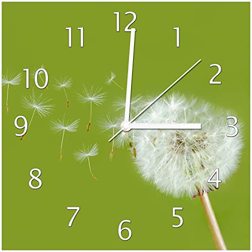 Wallario Design-Wanduhr Pusteblume auf der Wiese mit fliegenden Samen aus Glas, Motiv-Uhr Größe 30 x 30 cm, weiße Zeiger von Wallario