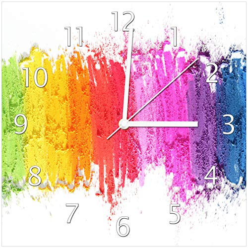 Wallario Design-Wanduhr Regenbogenstreifen auf weißem Hintergrund - Bunter Anstrich aus Glas, Motiv-Uhr Größe 30 x 30 cm, weiße Zeiger von Wallario