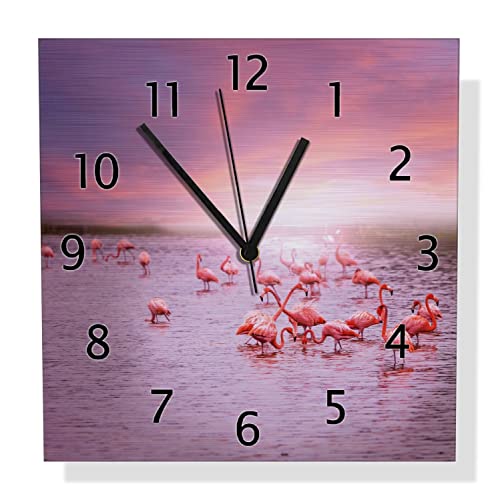 Wallario Design Wanduhr Rosa Flamingos bei Sonnenuntergang aus Aluverbund, Alu-Uhr Größe 30 x 30 cm, Schwarze Zeiger mit Metalloptik von Wallario