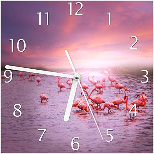 Wallario Design-Wanduhr Rosa Flamingos bei Sonnenuntergang aus Glas, Motiv-Uhr Größe 20 x 20 cm, weiße Zeiger von Wallario