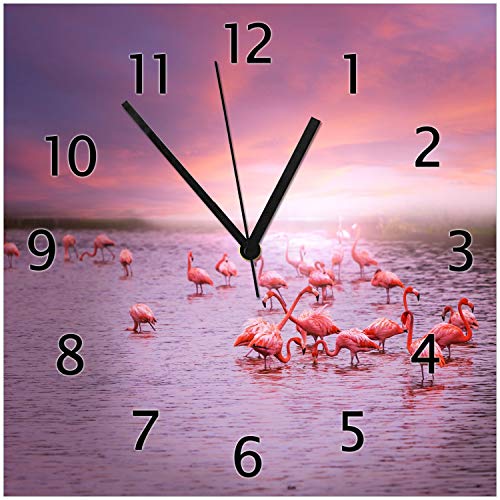 Wallario Design-Wanduhr Rosa Flamingos bei Sonnenuntergang aus Glas, Motiv-Uhr Größe 30 x 30 cm, Schwarze Zeiger von Wallario