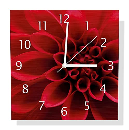 Wallario Design Wanduhr Rote Dahlienblüte in Nahaufnahme aus Aluverbund, Alu-Uhr Größe 30 x 30 cm, weiße Zeiger mit Metalloptik von Wallario