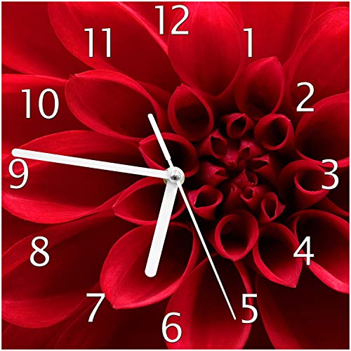 Wallario Design-Wanduhr Rote Dahlienblüte in Nahaufnahme aus Glas, Motiv-Uhr Größe 20 x 20 cm, weiße Zeiger von Wallario