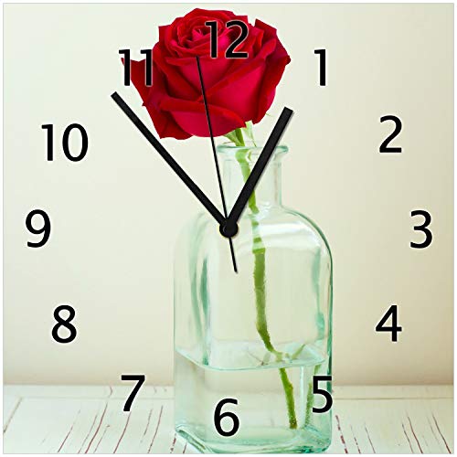Wallario Design-Wanduhr Rote Rose in Glasvase aus Glas, Motiv-Uhr Größe 30 x 30 cm, Schwarze Zeiger von Wallario