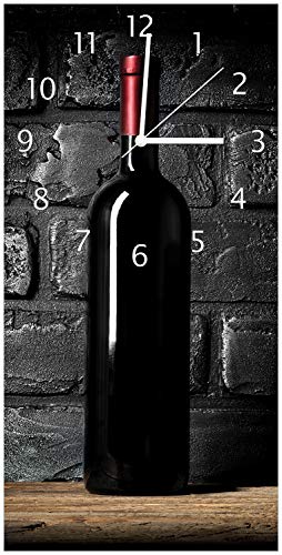 Wallario Design-Wanduhr Rotwein-Flasche am Abend aus Glas, Motiv-Uhr Größe 30 x 60 cm, weiße Zeiger von Wallario