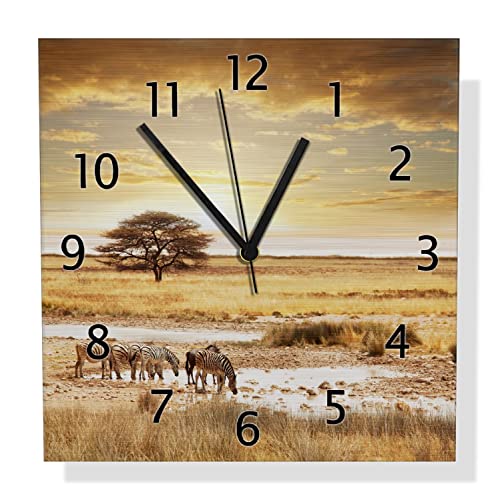 Wallario Design Wanduhr Safari in Afrika eine Herde Zebras am Wasser aus Aluverbund, Alu-Uhr Größe 30 x 30 cm, Schwarze Zeiger mit Metalloptik Wallario Design Wanduhr Safari in Afrika eine Herde Zebras am Wasser aus Aluverbund, Alu-Uhr Größe 30 x 30 cm, Schwarze Zeiger mit Metalloptik von Wallario