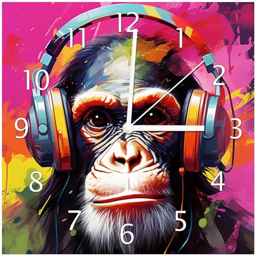 Wallario Design-Wanduhr Schimpanse mit ernstem Blick aus Glas, Motiv-Uhr Größe 30 x 30 cm, weiße Zeiger Wallario Design-Wanduhr Schimpanse mit ernstem Blick aus Glas, Motiv-Uhr Größe 30 x 30 cm, weiße Zeiger von Wallario