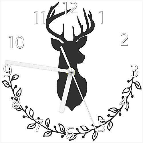 Wallario Design-Wanduhr Schwarze Hirsch Silhouette mit Zweigen - schwarz weiß aus Glas, Motiv-Uhr Größe 20 x 20 cm, weiße Zeiger von Wallario