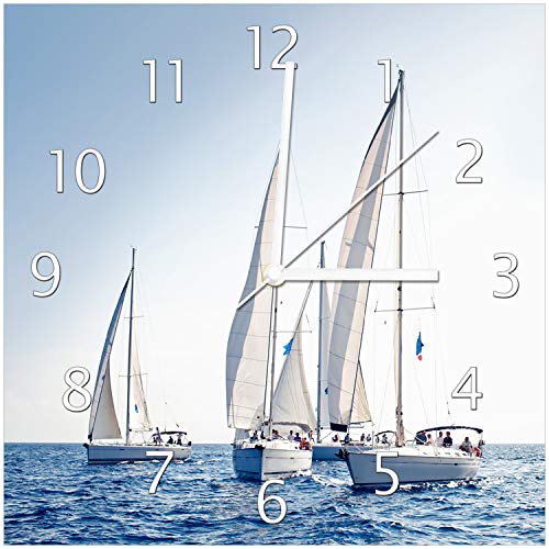 Wallario Design-Wanduhr Segelschiff auf dem Meer aus Glas, Motiv-Uhr Größe 30 x 30 cm, weiße Zeiger von Wallario