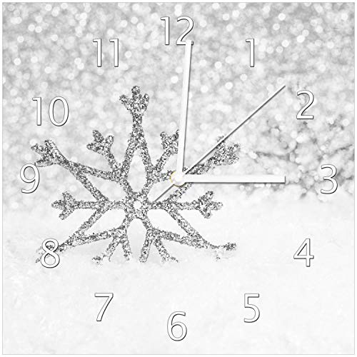 Wallario Design-Wanduhr Silberne Schneeflocken aus Glas, Motiv-Uhr Größe 30 x 30 cm, weiße Zeiger von Wallario
