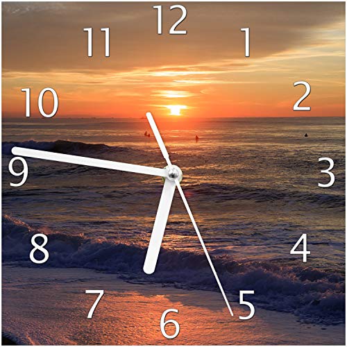 Wallario Design-Wanduhr Sonne über dem Meer aus Glas, Motiv-Uhr Größe 20 x 20 cm, weiße Zeiger von Wallario