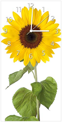 Wallario Design-Wanduhr Sonnenblume aus Glas, Motiv-Uhr Größe 30 x 60 cm, weiße Zeiger von Wallario