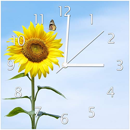 Wallario Design-Wanduhr Sonnenblume mit Schmetterling aus Glas, Motiv-Uhr Größe 30 x 30 cm, weiße Zeiger von Wallario