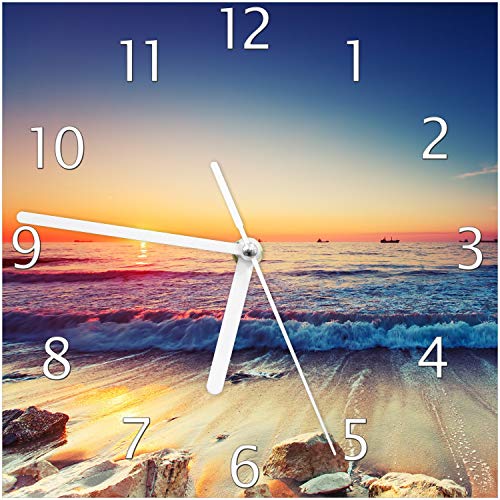 Wallario Design-Wanduhr Sonnenuntergang am Meer mit Wellen am Strand aus Glas, Motiv-Uhr Größe 20 x 20 cm, weiße Zeiger von Wallario