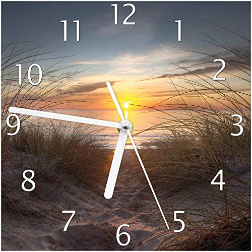 Wallario Design-Wanduhr Sonnenuntergang am Strand aus Glas, Motiv-Uhr Größe 20 x 20 cm, weiße Zeiger von Wallario