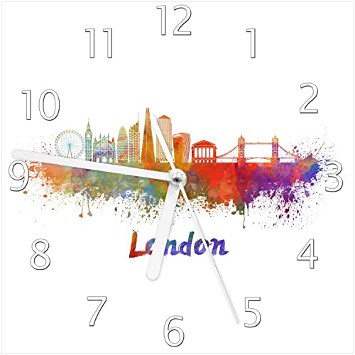 Wallario Design-Wanduhr Städte als Aquarell - Skyline von London aus Glas, Motiv-Uhr Größe 20 x 20 cm, weiße Zeiger von Wallario