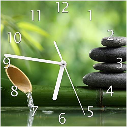 Wallario Design-Wanduhr Steinstapel und Bambus auf dem Wasser aus Glas, Motiv-Uhr Größe 20 x 20 cm, weiße Zeiger von Wallario