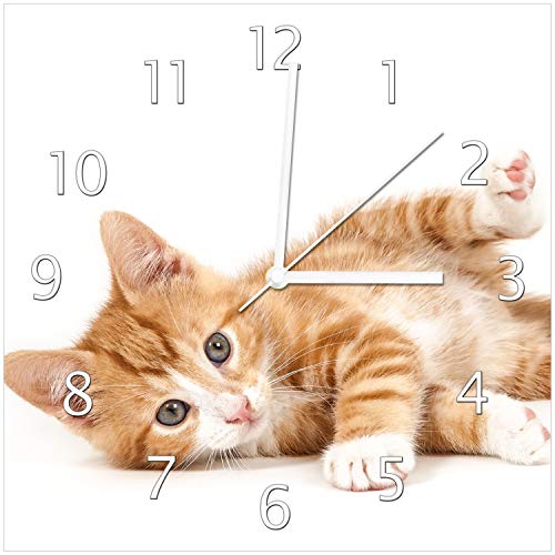 Wallario Design-Wanduhr Süße Katze mit großen Augen - rot weiß getigert aus Glas, Motiv-Uhr Größe 30 x 30 cm, weiße Zeiger von Wallario