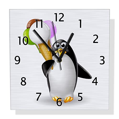 Wallario Design Wanduhr Süßer EIS Pinguin aus Aluverbund, Alu-Uhr Größe 30 x 30 cm, Schwarze Zeiger mit Metalloptik von Wallario