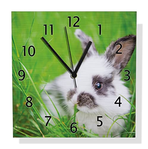 Wallario Design Wanduhr Süßer Hase im grünen Gras aus Aluverbund, Alu-Uhr Größe 30 x 30 cm, Schwarze Zeiger mit Metalloptik Wallario Design Wanduhr Süßer Hase im grünen Gras aus Aluverbund, Alu-Uhr Größe 30 x 30 cm, Schwarze Zeiger mit Metalloptik von Wallario