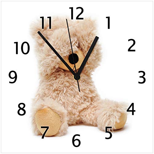 Wallario Design-Wanduhr Süßer Teddybär aus Glas, Motiv-Uhr Größe 30 x 30 cm, Schwarze Zeiger von Wallario