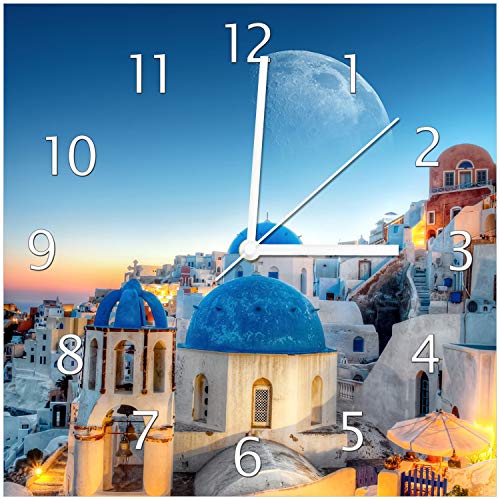 Wallario Design-Wanduhr Urlaub auf Santorini aus Glas, Motiv-Uhr Größe 30 x 30 cm, weiße Zeiger von Wallario