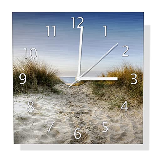 Wallario Design Wanduhr Weg durch die Dünen zum Strand am Meer aus Aluverbund, Alu-Uhr Größe 30 x 30 cm, weiße Zeiger mit Metalloptik von Wallario