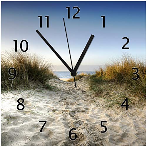Wallario Design-Wanduhr Weg durch die Dünen zum Strand am Meer aus Glas, Motiv-Uhr Größe 30 x 30 cm, Schwarze Zeiger von Wallario