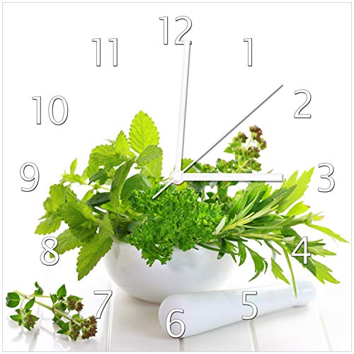 Wallario Design-Wanduhr Welt der Kräuter - Verschiedene Kräuter in einem weißen Mörser aus Glas, Motiv-Uhr Größe 30 x 30 cm, weiße Zeiger von Wallario