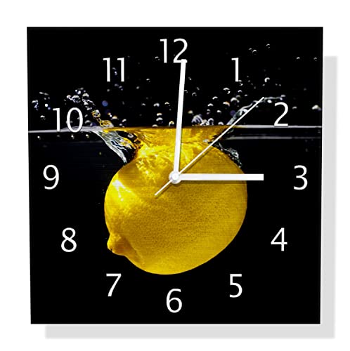 Wallario Design Wanduhr Zitrone im Wasser - Frisches Obst für die Küche aus Aluverbund, Alu-Uhr Größe 30 x 30 cm, weiße Zeiger mit Metalloptik von Wallario