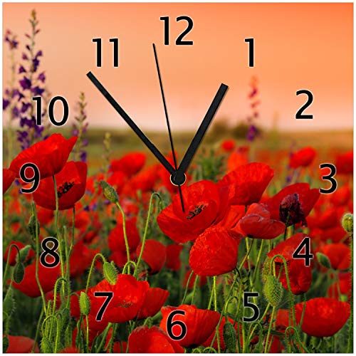 Wallario Design Wanduhr aus Echtglas Mohnblumen auf dem Feld, Größe 30 x 30 cm, Schwarze Zeiger von Wallario