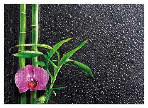 Wallario Duschmatte Antirutschmatte Badmatte Fußmatte Bambus und Pinke Orchidee auf schwarzem Glas mit Regentropfen, Größe ca. 70 x 50 cm von Wallario