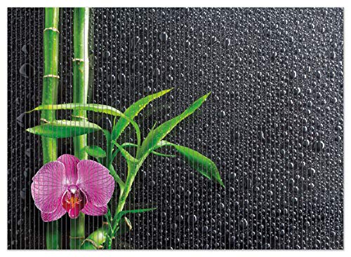 Wallario Duschmatte Antirutschmatte Badmatte Fußmatte Bambus und Pinke Orchidee auf schwarzem Glas mit Regentropfen, Größe ca. 90 x 65 cm von Wallario