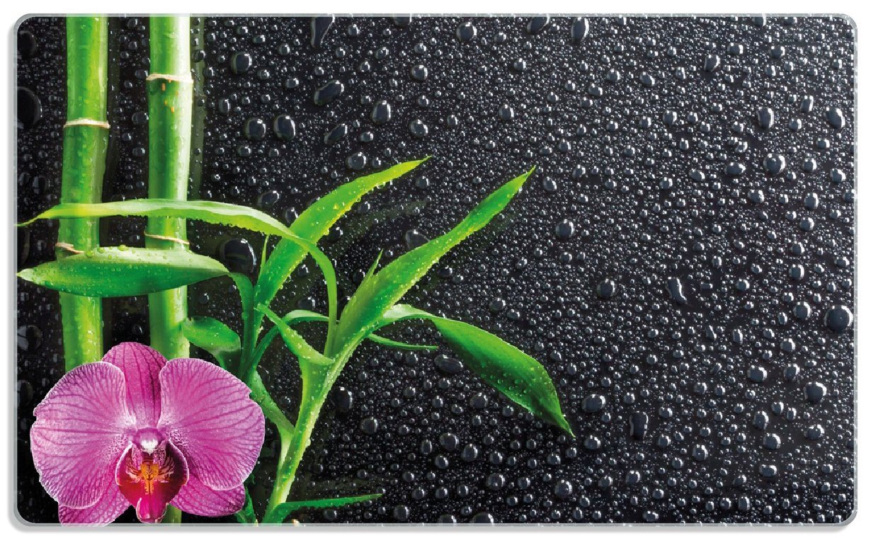 Wallario Frühstücksbrett Bambus und pinke Orchidee auf schwarzem Glas mit Regentropfen, ESG-Sicherheitsglas, (inkl. rutschfester Gummifüße 4mm, 1-St), 14x23cm von Wallario