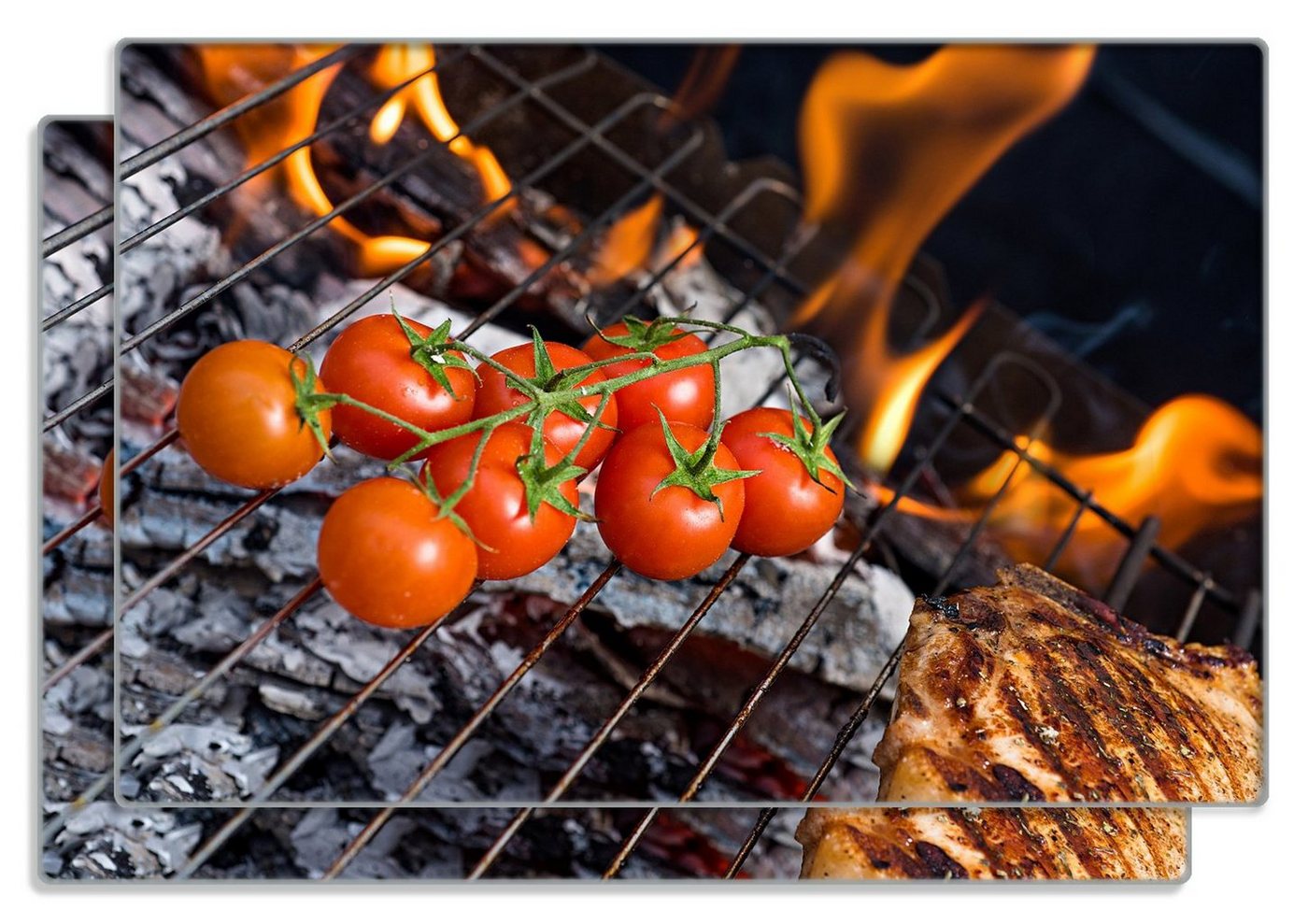 Wallario Frühstücksbrett Tomaten und Steak auf einem Grill, ESG-Sicherheitsglas, (inkl. rutschfester Gummifüße 4mm, 2-St), 20x30cm von Wallario