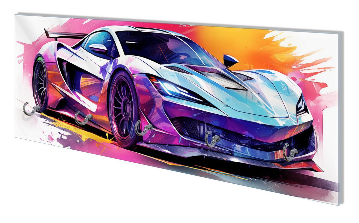 Wallario Garderobenpaneel Auto in Aquarellfarben (1-teilig, inkl. Haken und Befestigung), 80x30cm von Wallario