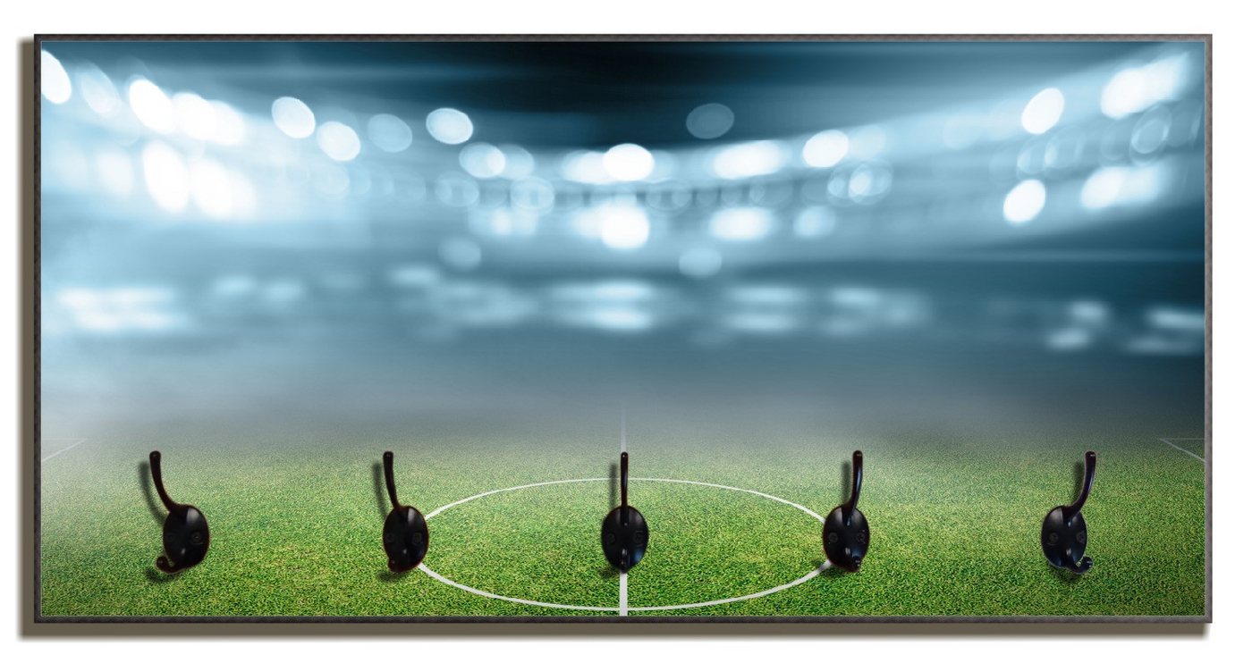 Wallario Garderobenpaneel Fußball Stadion Mittellinie II (1-teilig, inkl. Haken und Befestigung), 80x40cmHolz von Wallario