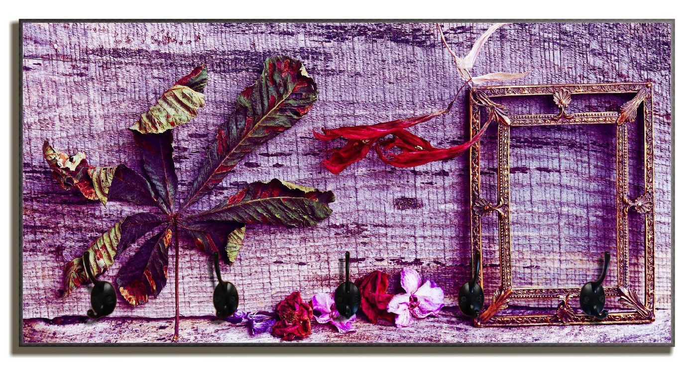 Wallario Garderobenpaneel Getrocknete Blätter - Herbst Stillleben in lila (1-teilig, inkl. Haken und Befestigung), 80x40cmHolz von Wallario