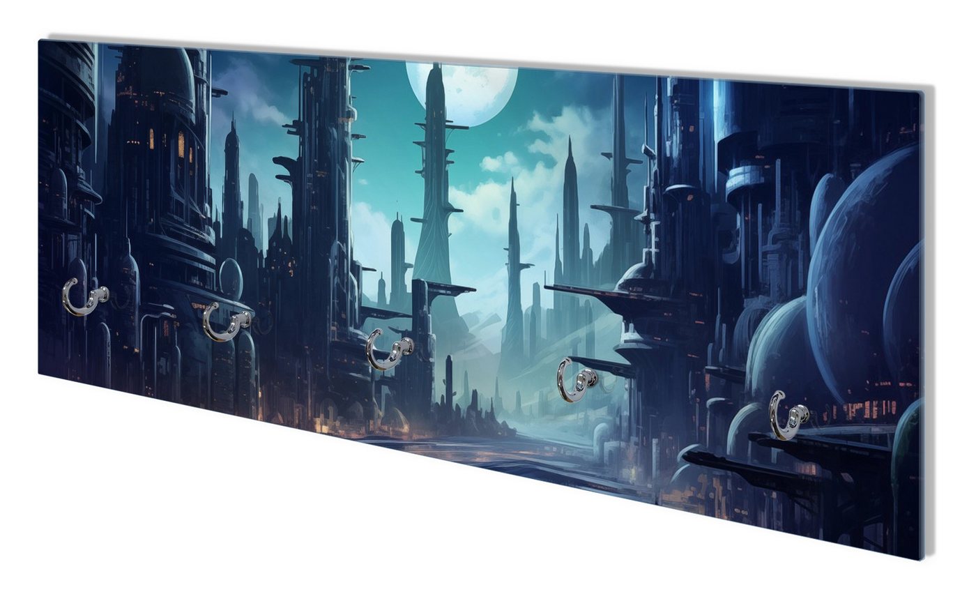 Wallario Garderobenpaneel Mondnacht in der Zukunft (1-teilig, inkl. Haken und Befestigung), 80x30cm von Wallario