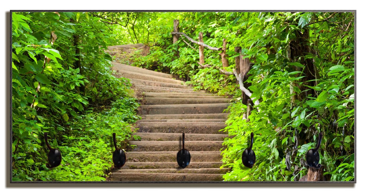 Wallario Garderobenpaneel Steintreppe im Wald (1-teilig, inkl. Haken und Befestigung), 80x40cmHolz von Wallario