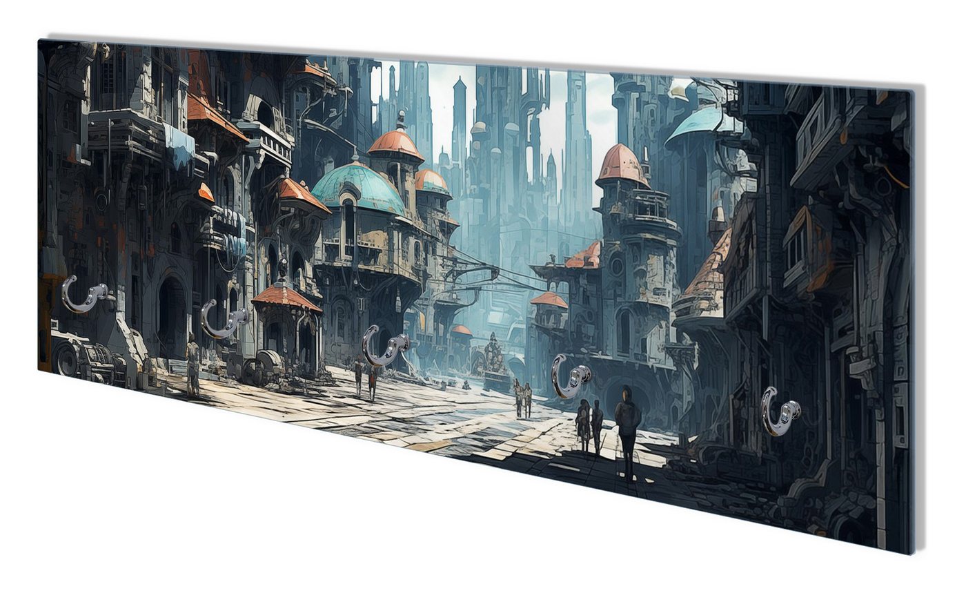 Wallario Garderobenpaneel Verlassene Zukunftsstadt (1-teilig, inkl. Haken und Befestigung), 80x30cm von Wallario