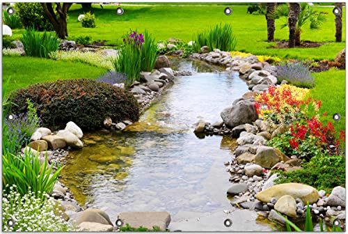 Wallario Outdoor-Poster für Garten oder Balkon Blumen am Teich, Motivbanner Größe: ca. 80 x 120 cm, Outdoor-Bild von Wallario