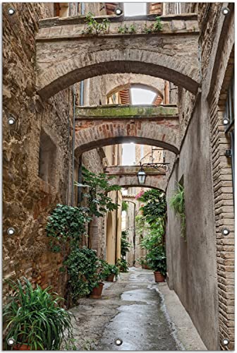 Wallario Outdoor-Poster für Garten oder Balkon Grüne italienische Gasse - mit Alten Bögen, Motivbanner Größe: ca. 80 x 120 cm, Outdoor-Bild von Wallario