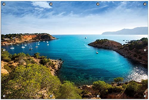 Wallario Outdoor-Poster für Garten oder Balkon Ibiza - Blick von Einer Bucht aufs Meer, Motivbanner Größe: ca. 100 x 150 cm, Outdoor-Bild von Wallario