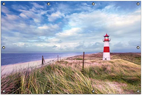 Wallario Outdoor-Poster für Garten oder Balkon Leuchtturm am Strand von Sylt, Motivbanner Größe: ca. 100 x 150 cm, Outdoor-Bild von Wallario